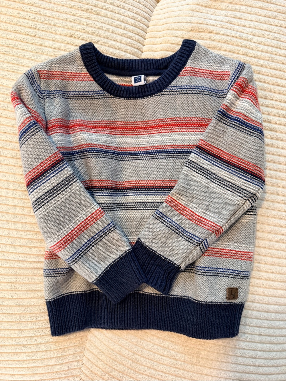 Janie and Jack Striped Crewneck Sweater in Light Gray, Navy & Red